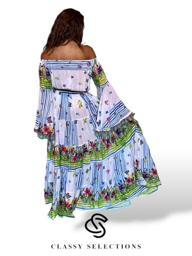 فستان إيطالي مطرز بنقوش الورد والفراشات