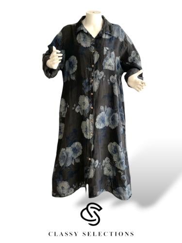 فستان لينن ايطالي مورد باللون الرمادي