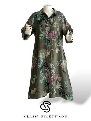 فستان لينن ايطالي مشجر باللون الزيتي