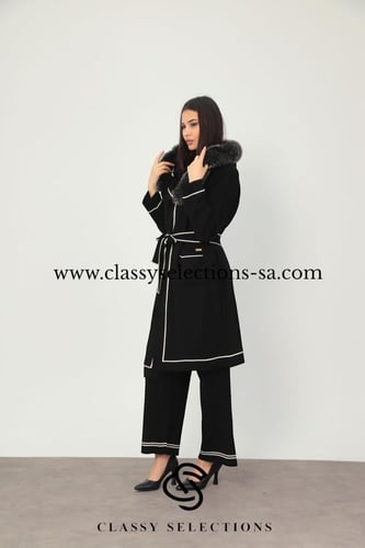 بدله شتوية باللون الأسود من3 قطع مع فرو طبيعي بالل...