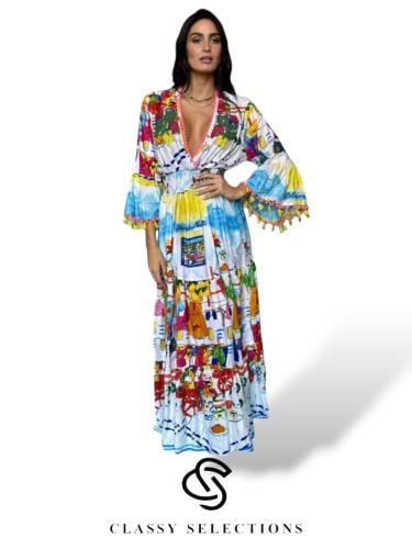 فستان هيلينا- فستان ايطالي مطرز بنقوش ملونة زاهية