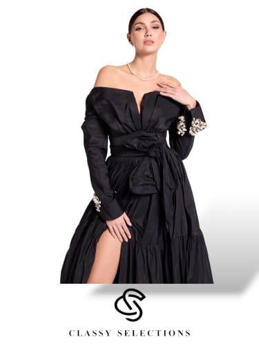 فستان سهرة تركي بفتحة مستديرة مزين باللؤلؤ والسوار...