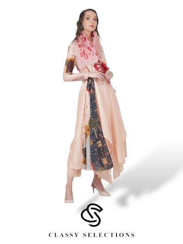 فستان هندي لف مطرز يباقة باللون البيج