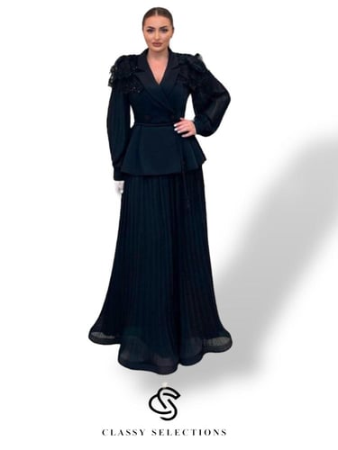 طقم سهرة أسود فخم مزين بالدانتيل والشك مقاسات كبير...