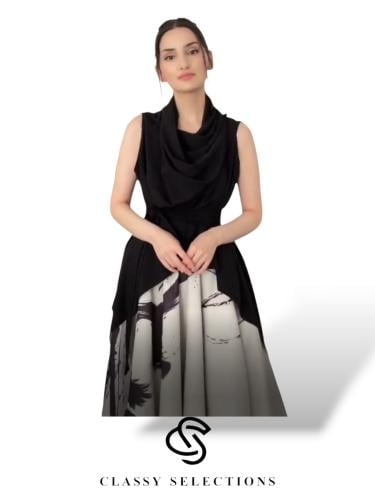 طقم مناسبات مكون من قطعتين توب اسود وتنورة رمادي