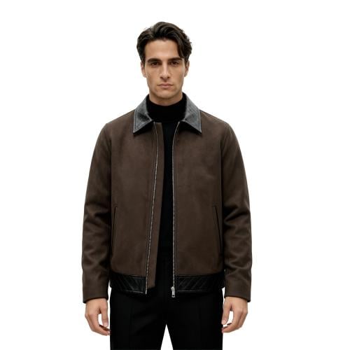 Jacket with Leather Collar - Brown
