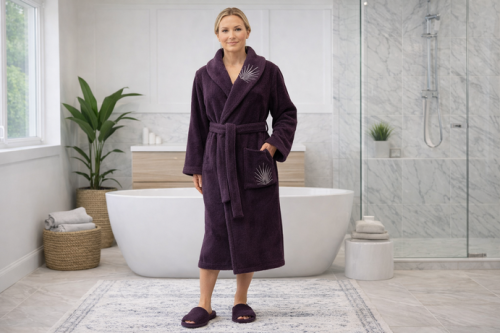 Luxurious women's cotton robe from the American brand Canon in dark purple