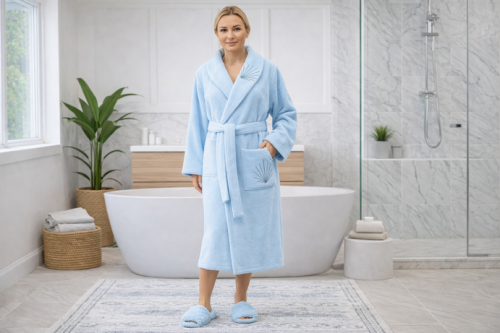 Luxury women's cotton robe from the American brand Canon in light blue.