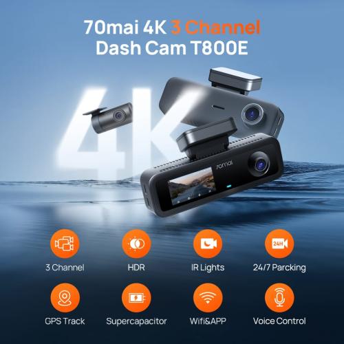 كاميرا داش 70mai T800E بثلاث قنوات، كاميرا سيارة بدقة 4K + 1080P + 1080P، مرفقة، GPS، Wi-Fi 6، رؤية ليلية، تسجيل حلقي، م...
