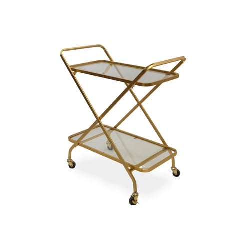 Luxury gold serving cart with glass shelves and movable wheels for lounges and hospitality