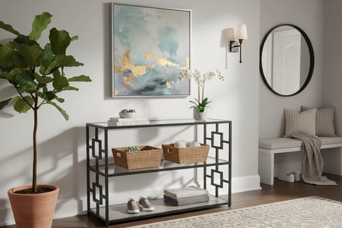 طاولة مدخل بسطح زجاجي وهيكل معدني وقاعدة خشبية بتص...