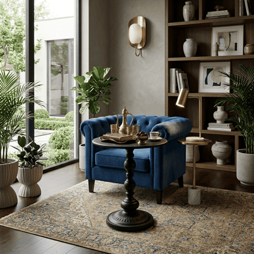 A round side serving table made of black iron with an elegant carved base