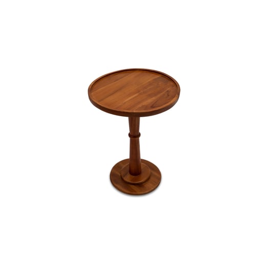 A round wooden side serving table with an elegant rustic design and a vertical base