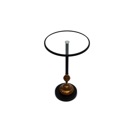 Side service table modern with transparent glass surface and hammered copper metal base