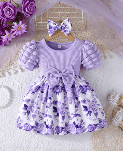 فستان بناتي قطني بفيونكة وأكمام منتفخة لأميرتك الص...