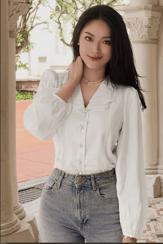 بلوزة ساتان نسائية بأزرار لؤلؤ