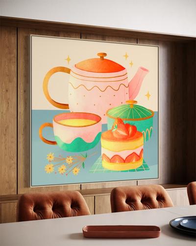 لوحة كانفاس شاي وحلويات بتصميم كرتوني مرح