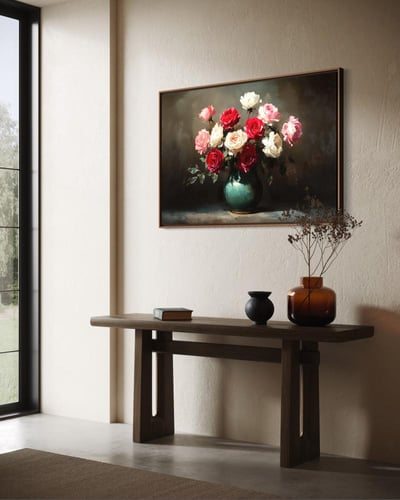 لوحة كانفاس مزهرية زهور كلاسيك بتصميم فني فاخر وخل...