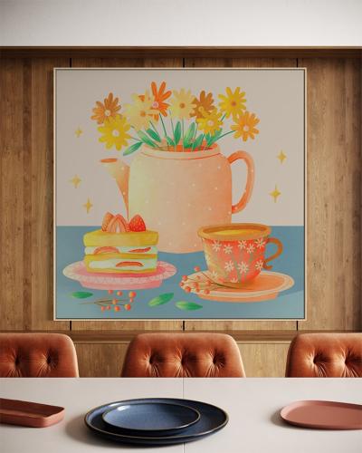 لوحة كانفاس قهوة وزهور بتصميم فني ناعم للمطبخ