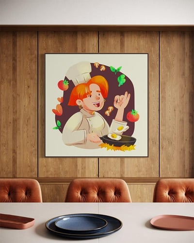 لوحة كانفاس بنت كرتونية تطبخ بتصميم مرح للمطبخ