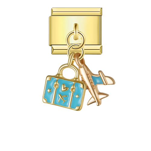 Gold pendant charm, airplane and travel bag