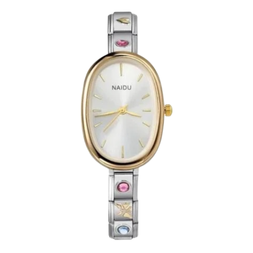 ساعة Viva باللون الذهبي والفضي بواجهة بيضاوية