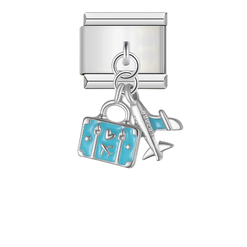 Silver pendant charm, airplane and travel bag