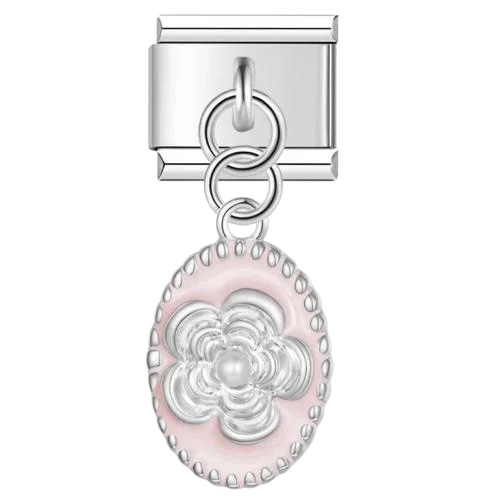 تشارمز معلق فضي بيضاوي وردي بوردة فضية