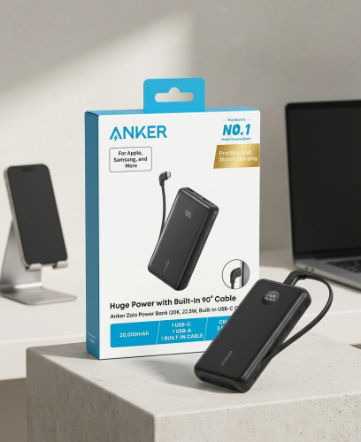 Anker Zolo باور بانك 20000mAh شحن سريع 22.5W بسلك USB-C مدمج