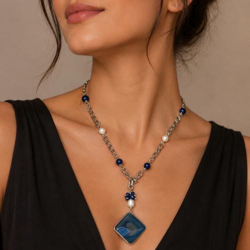 A necklace with agate and pearl stones