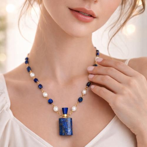 Gold-plated chain with a pendant, fill your perfume with your favorite, made of Lapis Lazuli stone and natural pearls