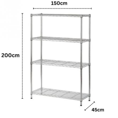 Chrome wire shelves 200×45×150 cm · 200 kg/shelf · 4 shelves