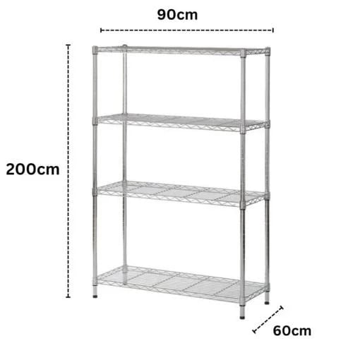 Chrome wire shelves 200×90×60 cm · 200 kg/shelf · 4 shelves