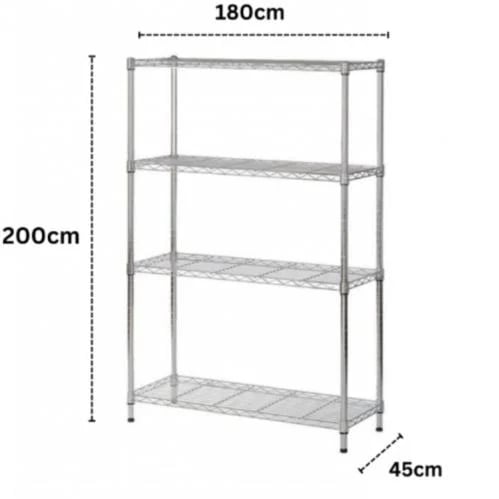 Chrome wire shelves 200×45×180 cm · 200 kg/shelf · 4 shelves