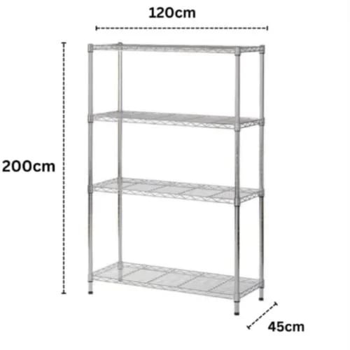 Chrome wire shelves 45×120×200 cm · 200 kg/shelf · 4 shelves