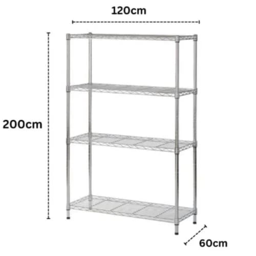 Chrome wire shelves 60×120×200 cm · 200 kg/shelf · 4 shelves