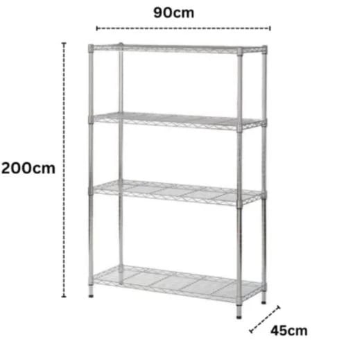 Chrome wire shelves 200×90×45 cm · 200 kg/shelf · 4 shelves