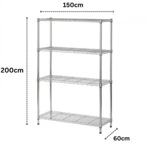 Chrome wire shelves 200×60×150 cm · 200 kg/shelf · 4 shelves