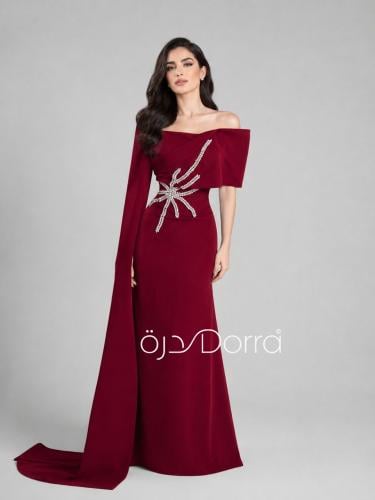 فستان عنابي كم ممتد كريستال
