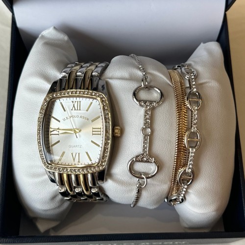 ساعه بولو نسائي مكس فضي وذهبي مع اساورها