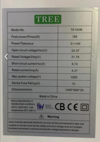 لوح طاقة شمسية ١٨٠ واط / ١٢ فولت / tree / للمزارع...