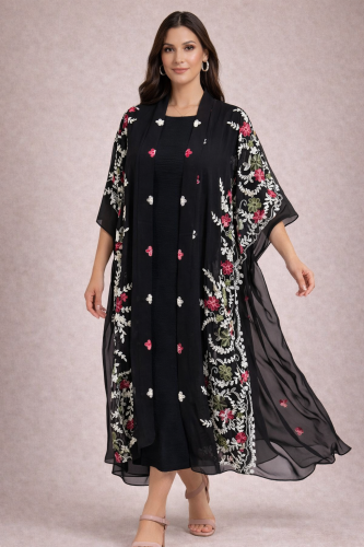 طقم من قطعتان تتكون من فستان اسود سادة مغطي بكاردي...