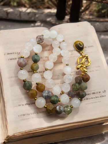 طقم من حجر القمر الطبيعي والعقيق الهندي ومزين بقطع...