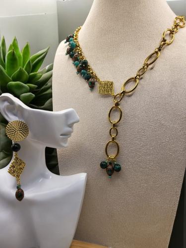 طقم من خشب الكوك الطبيعي مع حجر عين النمر المعالج...