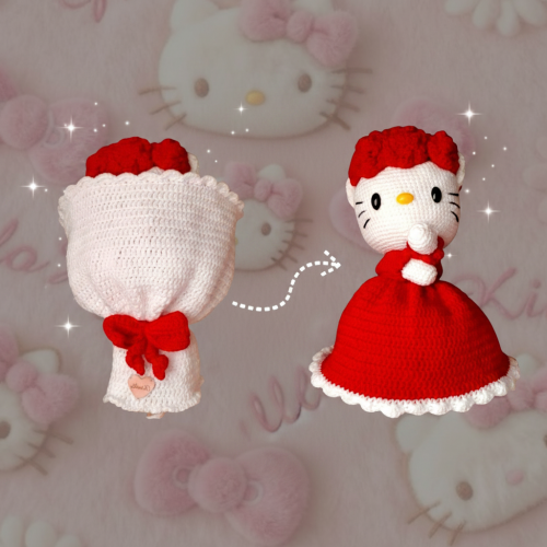 Hello Kitty 2-in-1 Gift – A bouquet of roses that transforms into a handmade crocheted doll