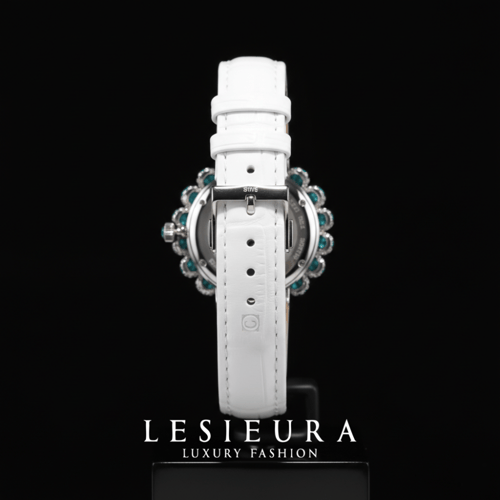 ساعة أكوامارينا بالجلد الابيض