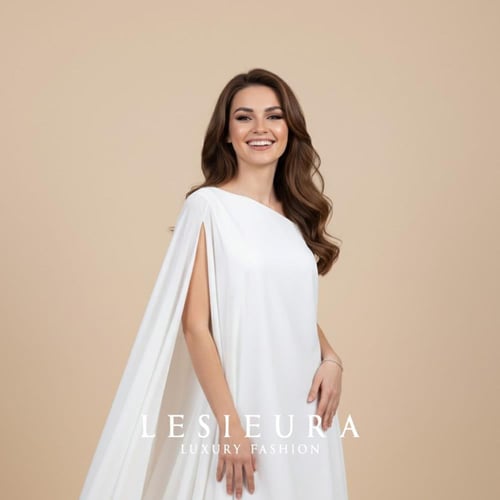 فستان ناعم أبيض واسع بكتف واحد