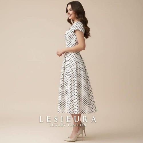 فستان لابيلا الابيض بتصميم منقط بالاسود