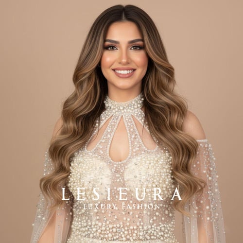 فستان بيج طويل مطرز باللؤلؤ الفاخر وقصة صدر مميزة