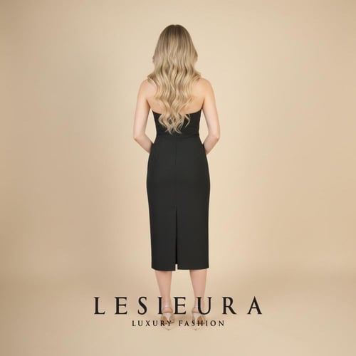 فستان اسود ناعم بفصوص متناثرة وريش طبيعي